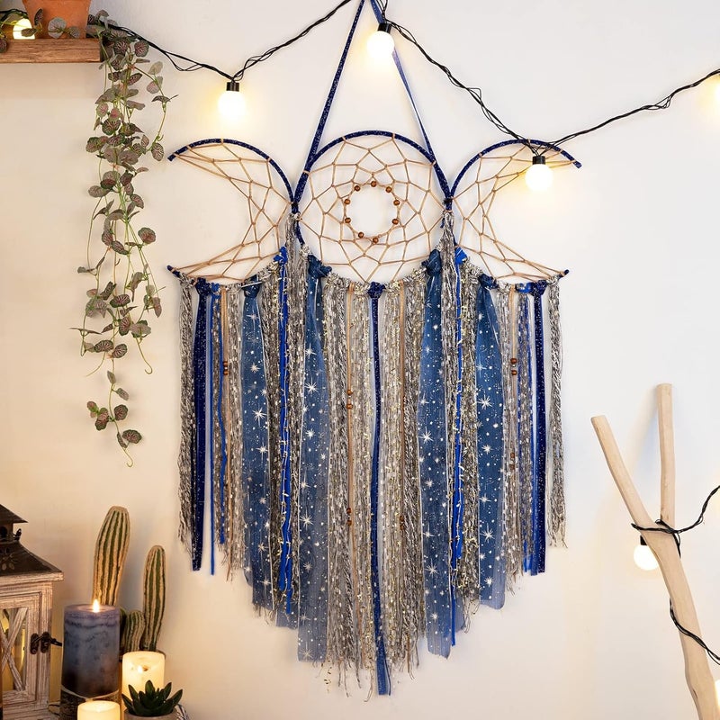 ANROYE Blue Triple Moon Goddess Macrame Wall Hanging, Boho Wiccan Crescent Dream Catcher, Bohemian Dreamcatcher Art for Women, Hippie Woven Pagan Tapestry Decor for Bedroom Decoration - Image 2